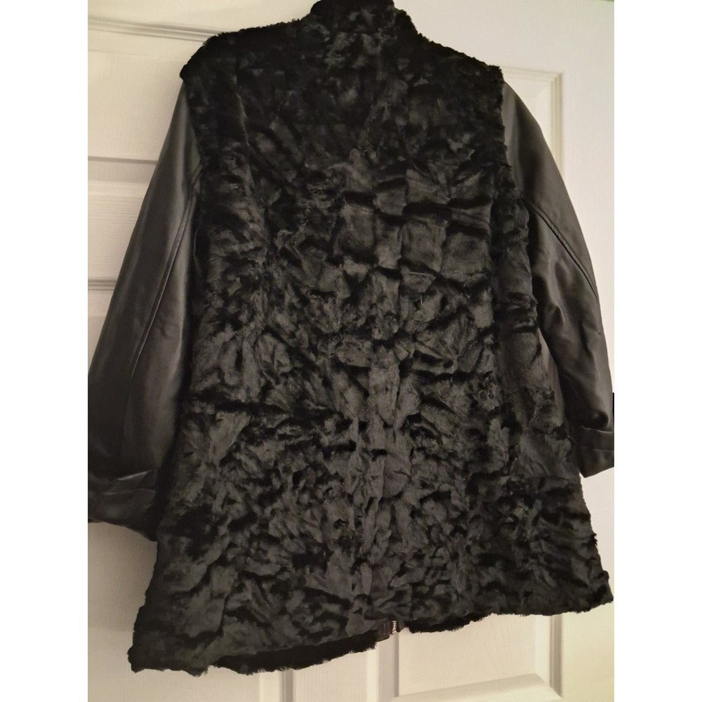 Dennis Basso Faux Fur Jacket Vest Zip-Off Leather Sleeves Black Statement Glam - Picture 7 of 16